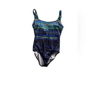 🌊 Vintage Retro One-Piece Swimsuit Blue Green Geometric Print‎ Sz 12/14 🌊